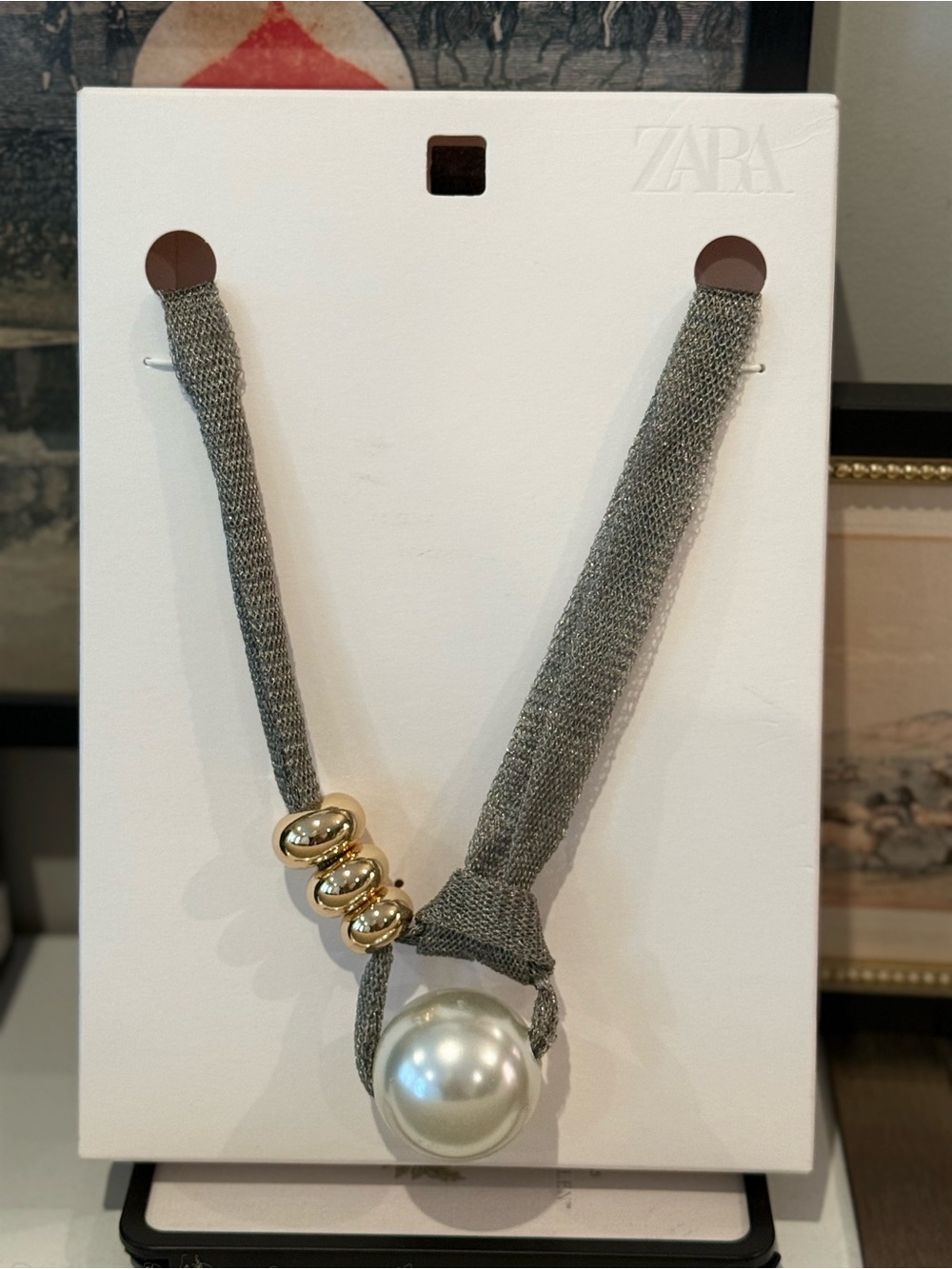 NWT Zara Silver Mesh Ball Faux Pearl Statement Necklace